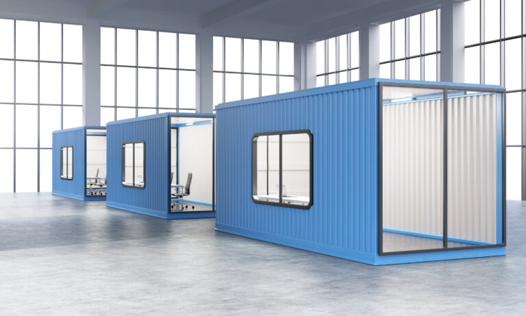 Three blue sea containers with offices inside. Panoramic window at the background. Side view. Concept of a new start. 3D rendering