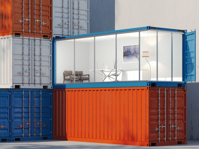 Freight containers in the port. One container is converted into an office. 3d rendering