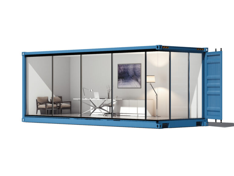 Blue cargo koneiner converted into an office. 3d rendering