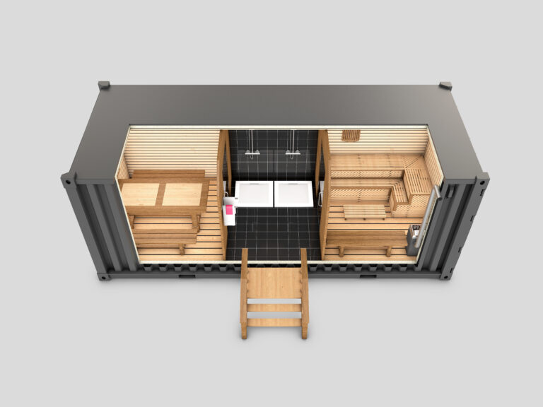 Converted old shipping container into sauna, 3d Illustration isolated gray.